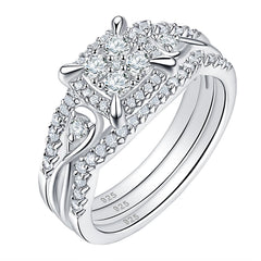 SHELOVES 3Pcs Round White Cubic Zirconia Princess Halo Wedding Ring Set Solid Sterling Silver Vintage Style Sz 5.5