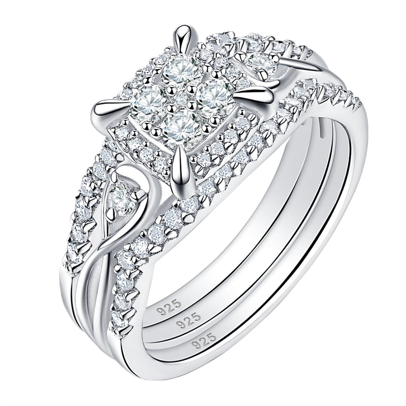 SHELOVES 3Pcs Round White Cubic Zirconia Princess Halo Wedding Ring Set Solid Sterling Silver Vintage Style Sz 5.5