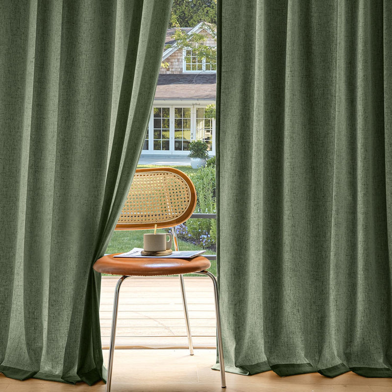 MIULEE Non-See-Through Privacy Linen Curtains 2 Panels Olive Green Light Filtering Window Curtains Farmhouse Textured Back Tab Semi Sheer Drapes for Bedroom Living Room 84 Inches Long Dark Green
