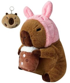 JZNEXD 12 Inch Capybara Plush Toy Large Cute Capybara Stuffed Animal Soft Peluche Capybara Plushie Pillow with Keychain Set for Kids Boys Girls (Pink Rabbit Hat)